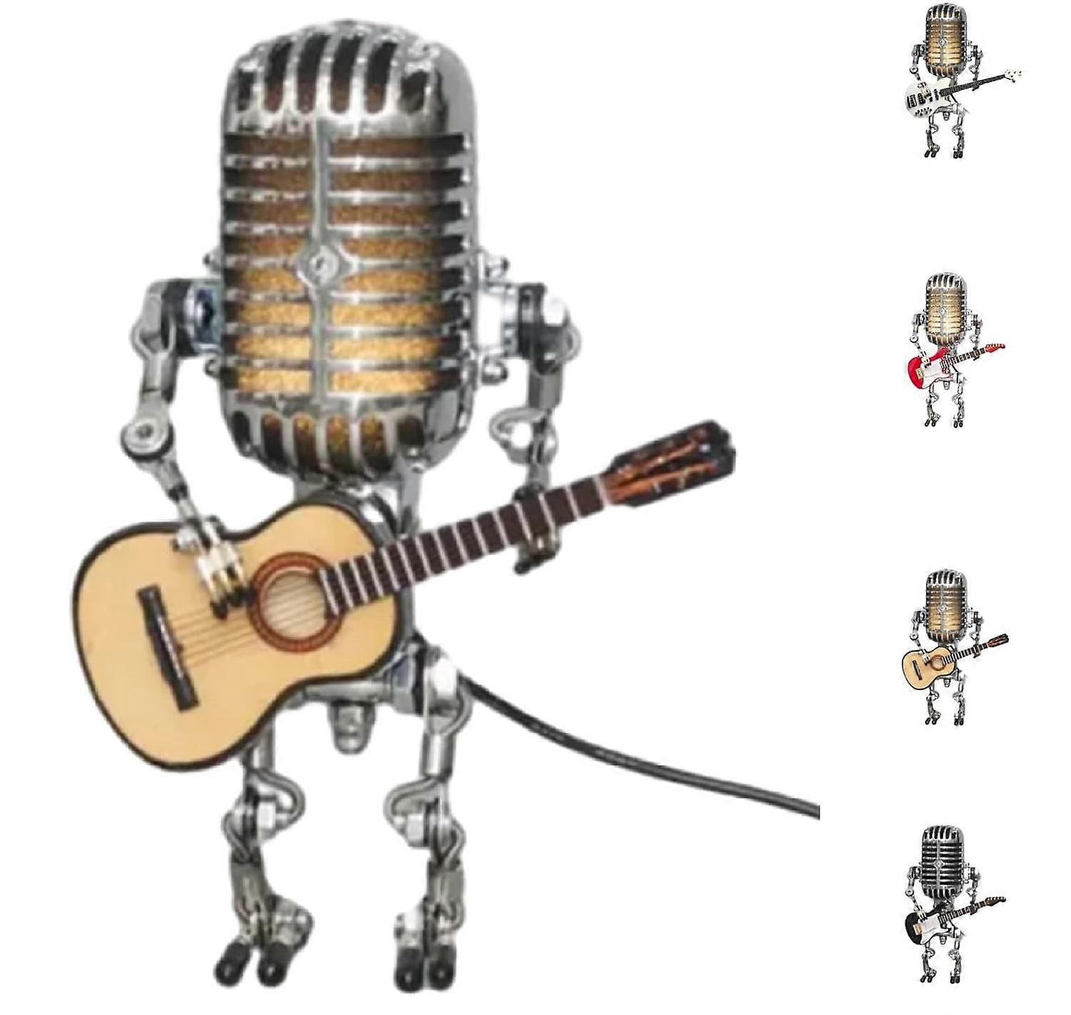 Vintage Style Table Lamp, Handheld Guitar Night Light, Metal Robot Design, Yellow Color