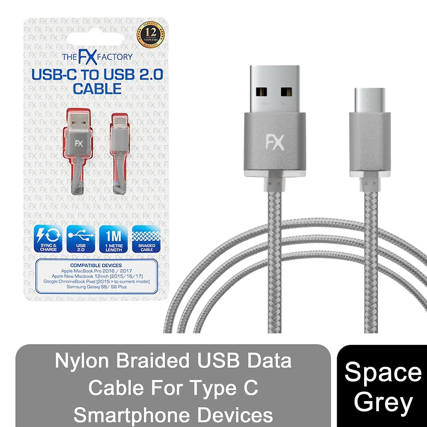 FX Nylon Braided USB Data Cable For Type C Smartphone Devices, Space Grey