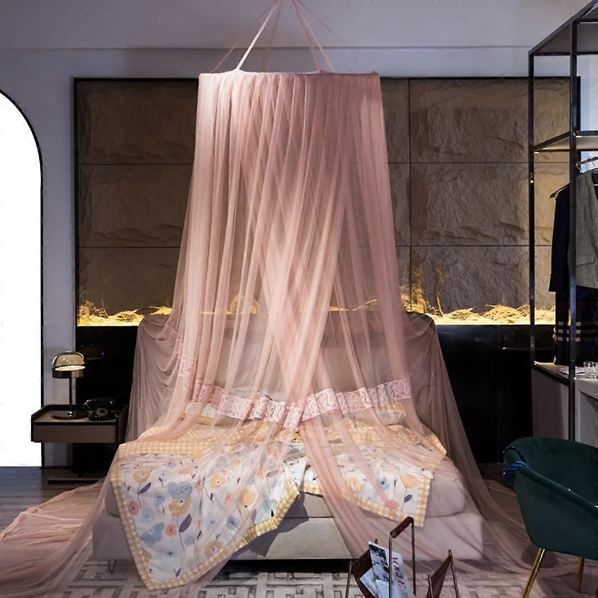 Travel mosquito net for home bed canopy, universal dome for single/double beds, pink with adhesive hooks