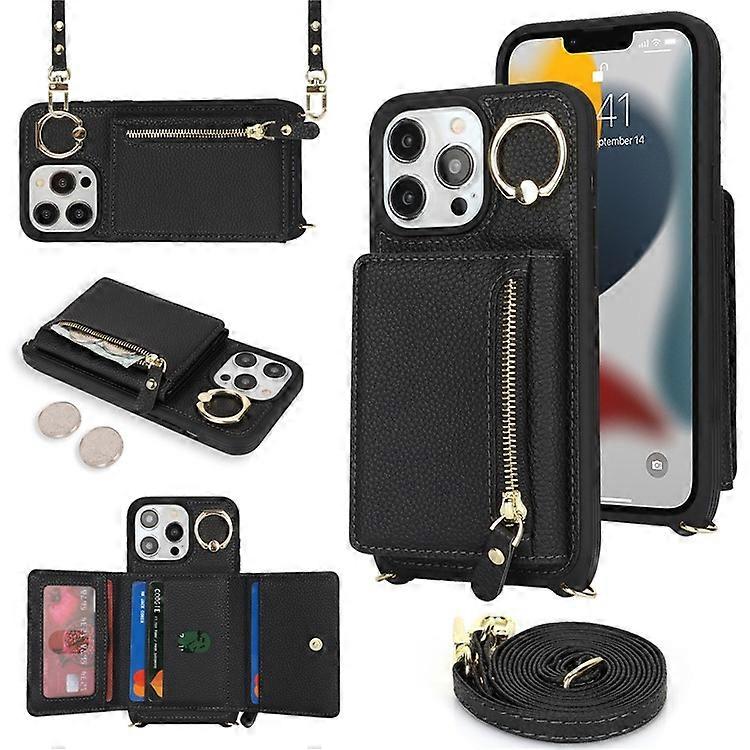 Compatible For iPhone 13 Pro Max / 12 Pro Max Case Litchi Texture Card Bag Leather+TPU Phone Cover with Long Strap