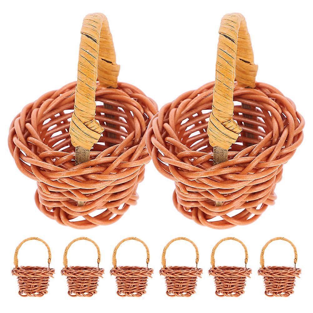6 Pack Mini Woven Baskets with Handles, Small Rustic Handheld Flower Baskets for Dollhouse Decor, Photography Props, and Mini Item Storage, Pastoral