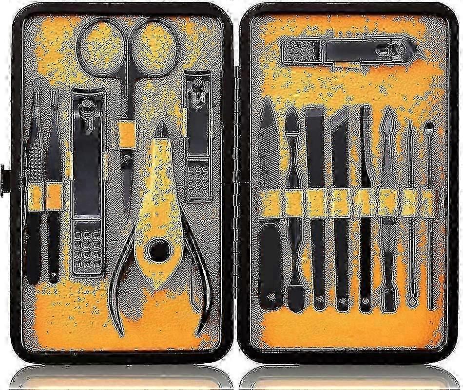 مانيكير مجموعة مقص أظافر احترافي - ستانلس ستيل طقم مانيكير 15 عبوة مع حقيبة سفر (أسود / أصفر)