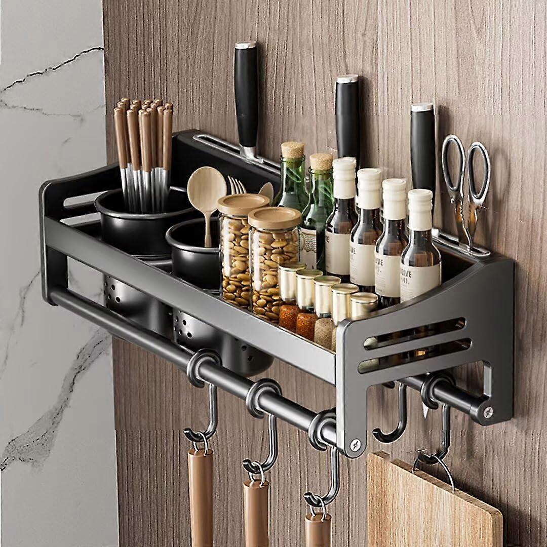Spice Rack Wall Shelf, 40 x 13.4 x 12 cm Metal Hanging Organizer, No Drilling, Includes Hooks and Utensil Holders