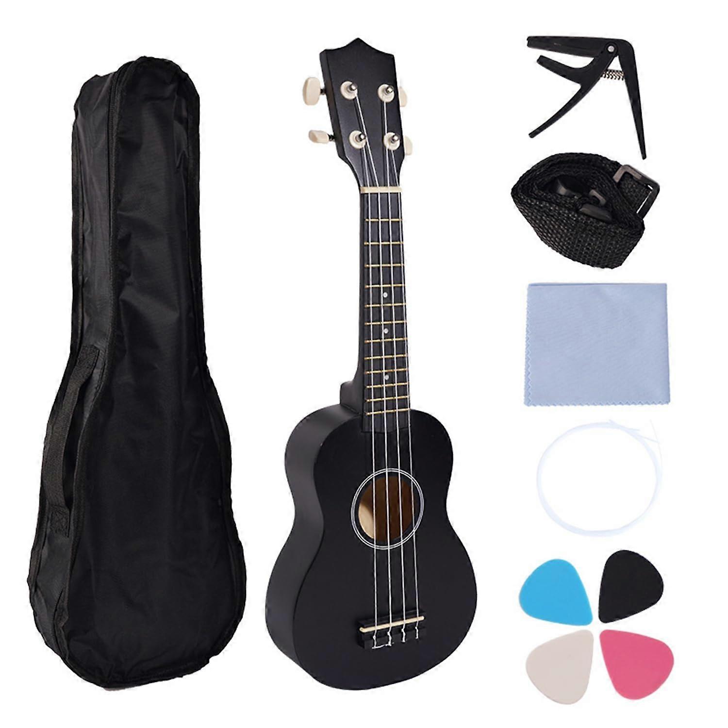 21Ukulele Set for Beginners, 4String Small Guitar, Linden Wood Ukulele with Carrying Bag Clip and 4 Picks – Black, Durable, Easy Installation