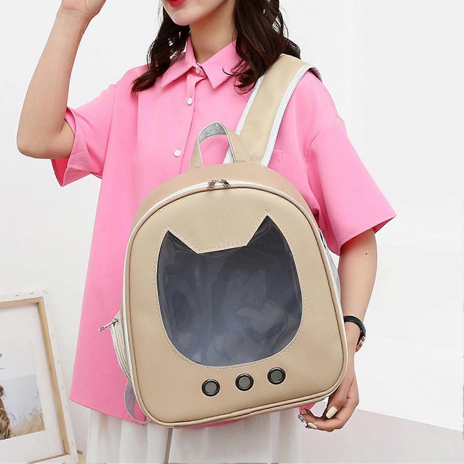 Cat Carrier Bag, Lightweight PU Leather, Breathable, Scratch-Resistant, Wide Shoulder Straps, For Walking, Khaki