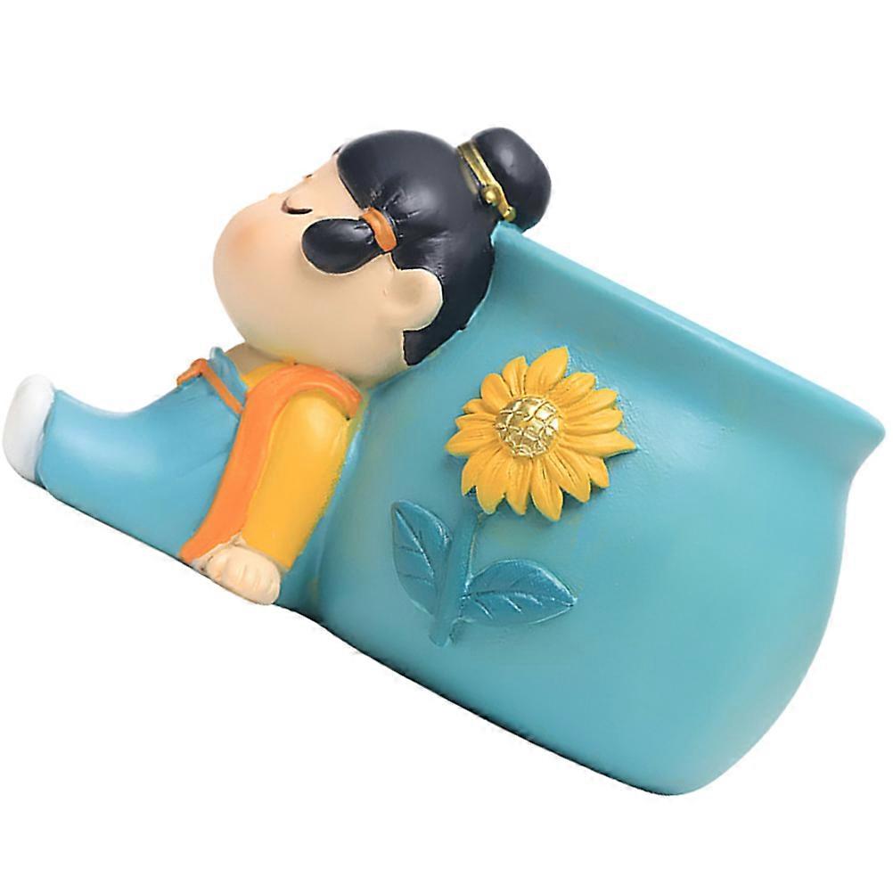 Sky-blue Resin Pen Holder for Desk Decor with Cartoon Design and Multiple Functions 5.9 Inch