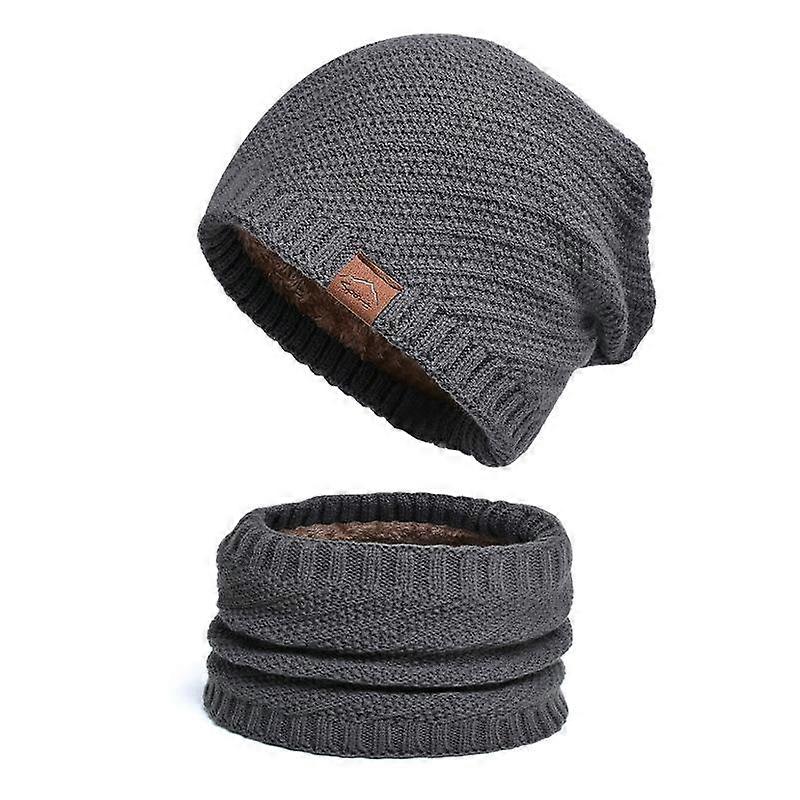 Knitted Hat Two-Piece Winter Fleece-lined Warm Hat Scarf Earflaps Slipover Woolen Cap Men