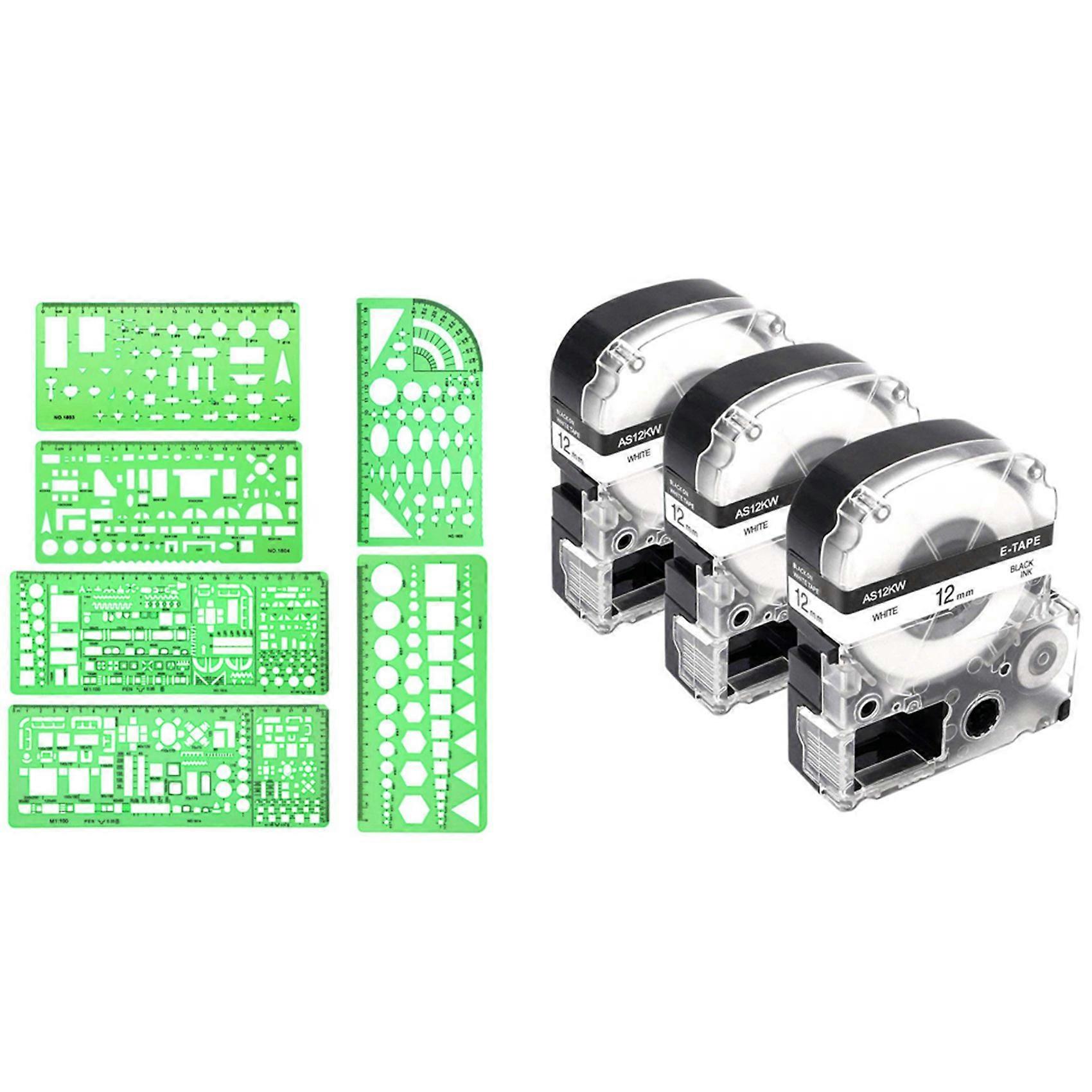 3Pcs 12mm Label Maker Tape Label Maker for / Printer with 6Pcs Measuring Templates for Office and Sc