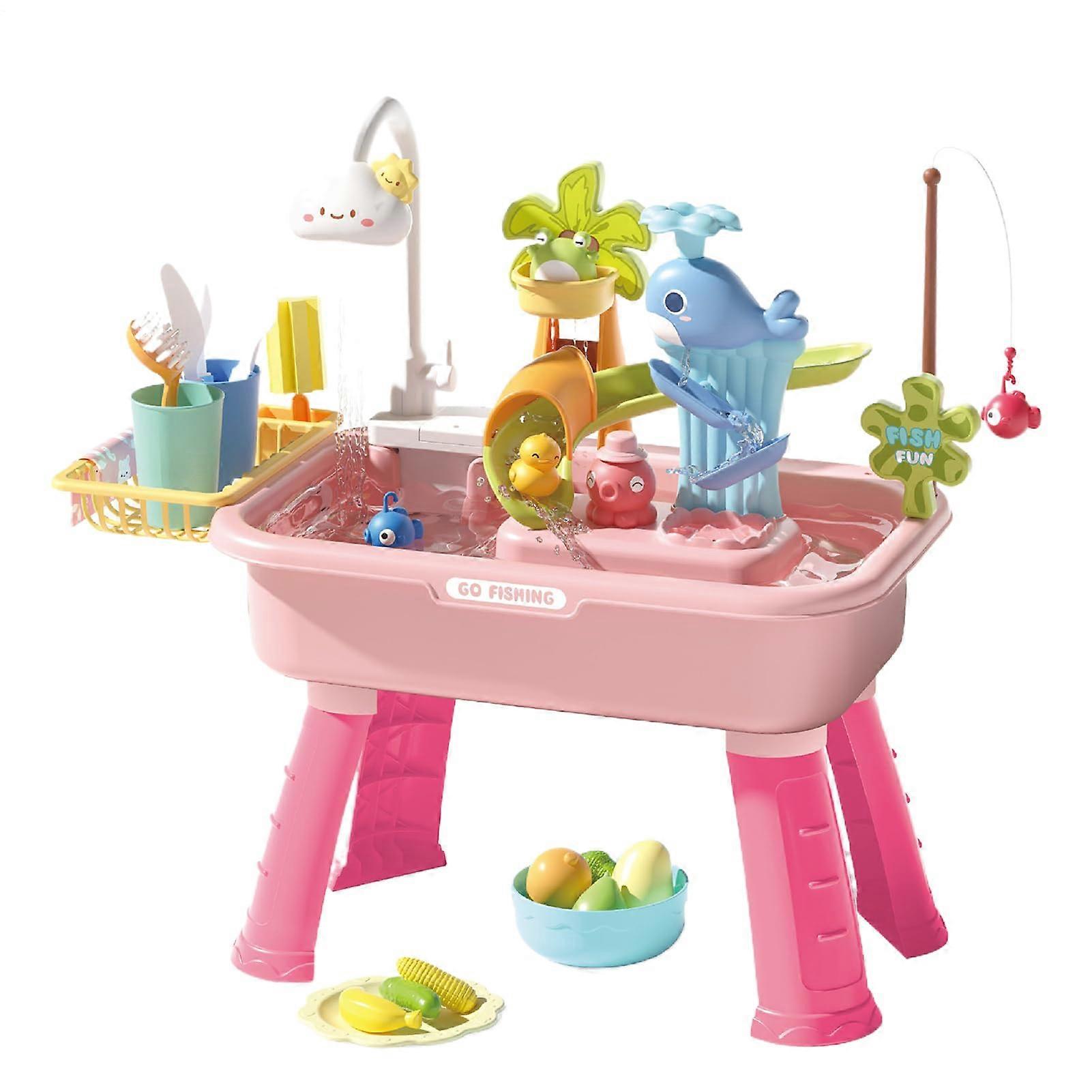 Kids Water Play Table Outdoor 4-In-1 Educational Sink Table With Electric Faucet For Girls, Garden, Camping