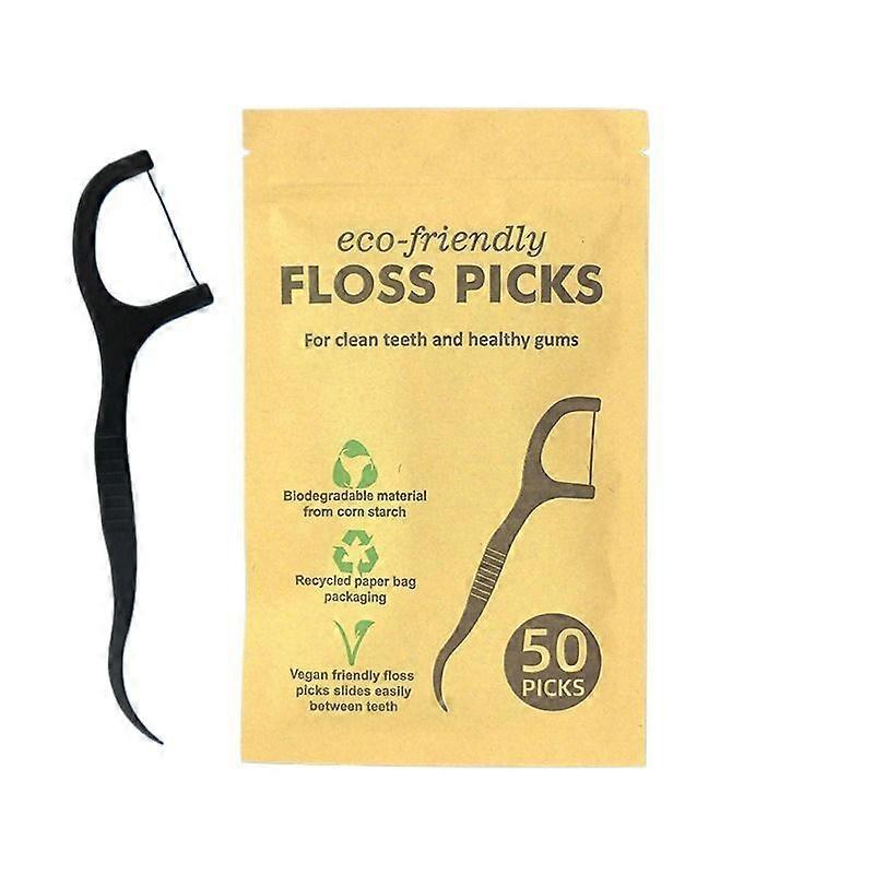 Eco-Friendly Floss Picks, 50 Count - Biodegradable Dental Picks from Corn Starch, Vegan Friendly, Gentle on Gums, Anti-Slip Handle & Tail Hook Design