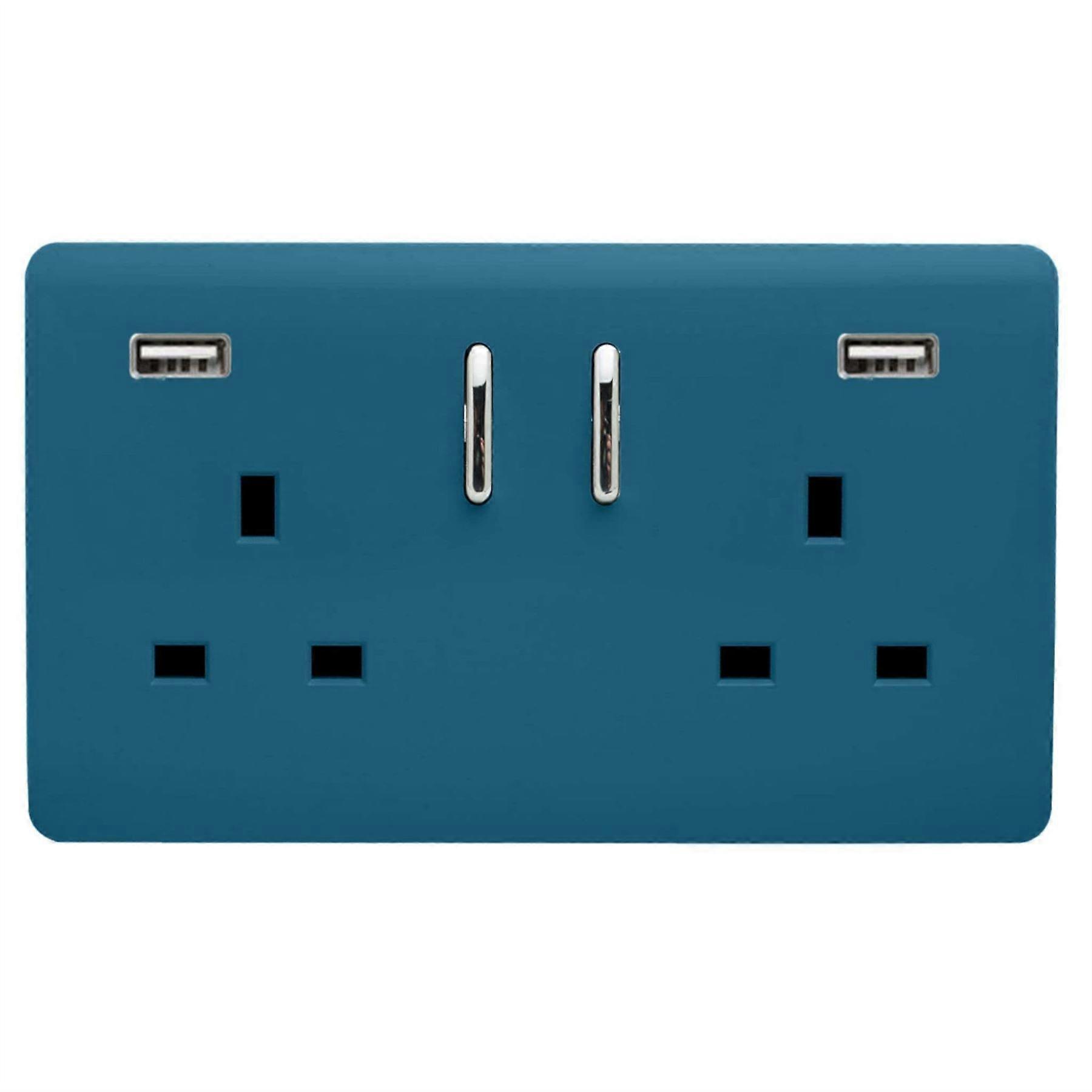Trendi 2 Gang Artistic Modern Glossy 13 Amp 2 x 3.1mA USB Switched Plug Socket Ocean Blue