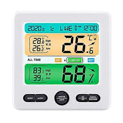 Indoor Digital Display Thermometer And Hygrometer Desktop Alarm Clock Precision LargeScreen White