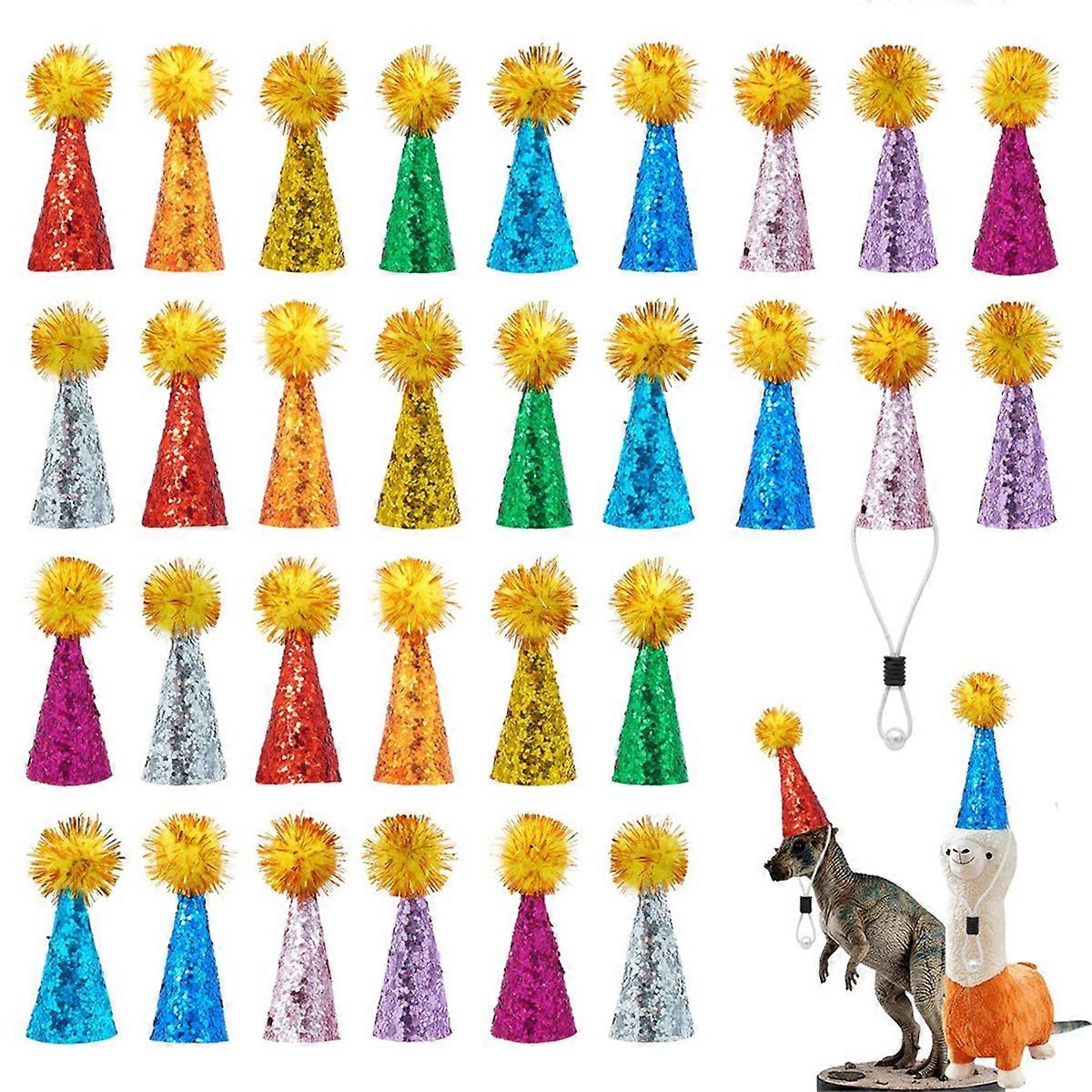 30 Pcs Mini Party Hats for Animal Figures Toys Tiny Glitter Cone Birthday Party Hats with Pom Poms