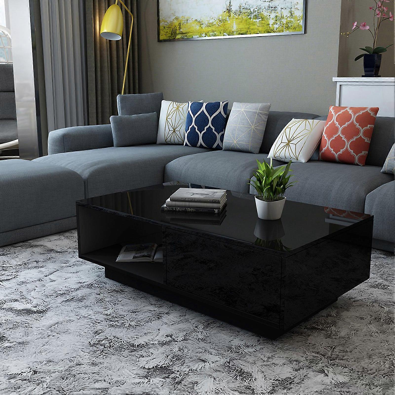 Modern High Gloss Black Coffee Table with Storage 100x50 cm