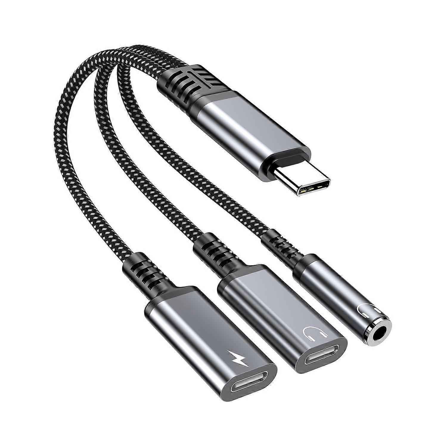 60W Type-C to 3.5mm+Type-C Headphone+Type-C PD Fast Charging Adapter 3 in 1 Audio Converter