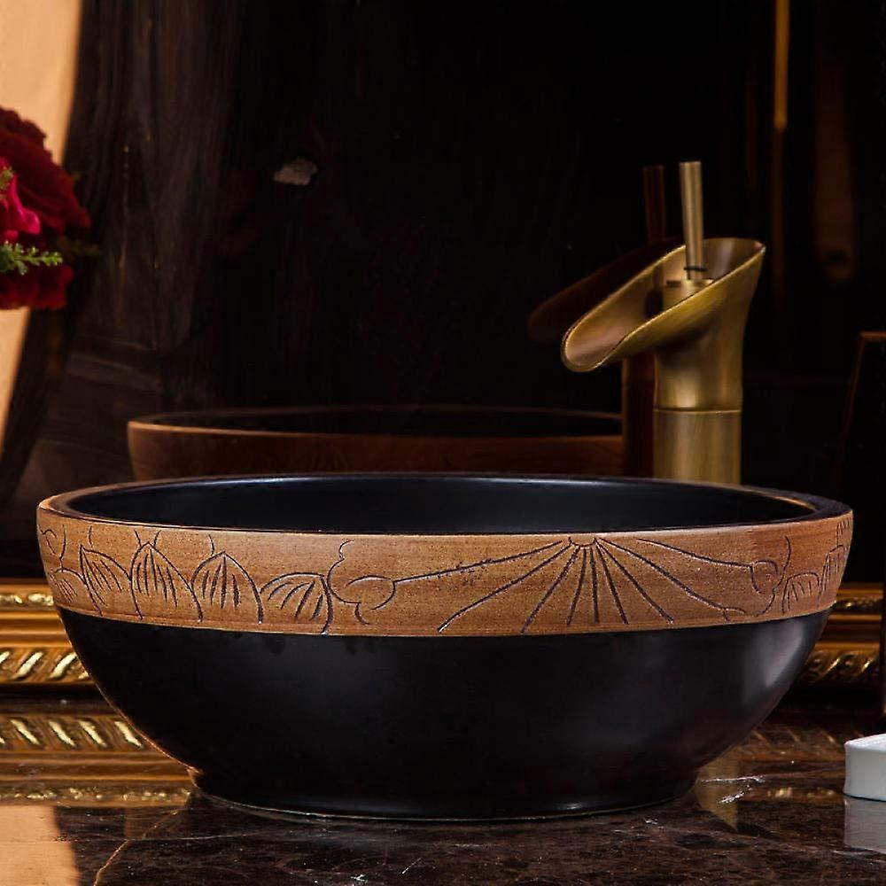 Countertop Basin Retro Round Ceramic Bathroom Sink, Ceramic Countertop Basin, Round Shape, Vintage Style