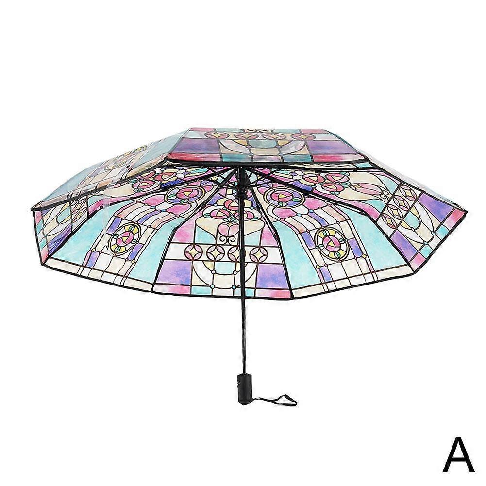 Colorful Glass Pattern Transparent Folding Umbrella 1M Diameter for Sun and Rain Protection
