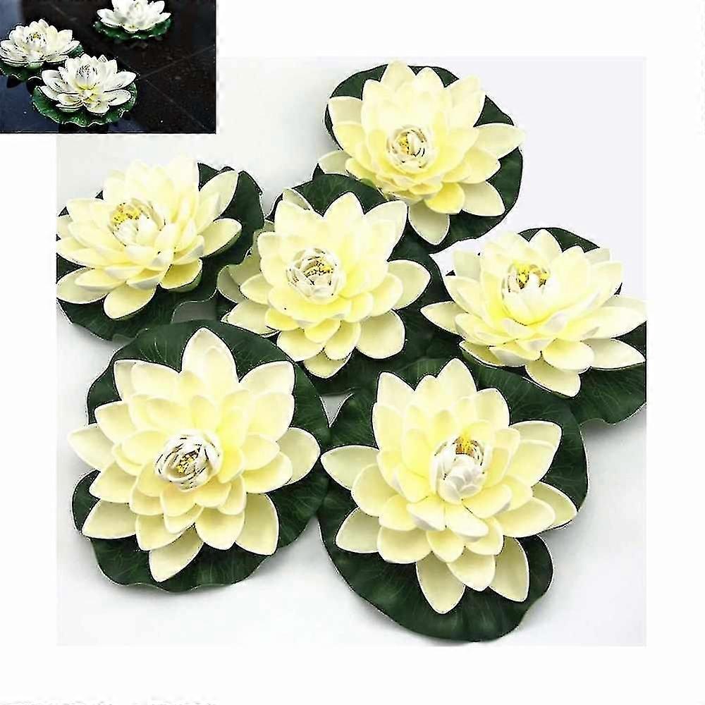 6pcs Artificial Floating Foam Lotus Flowers, With Water Lily Pad Ornaments, Ivory White