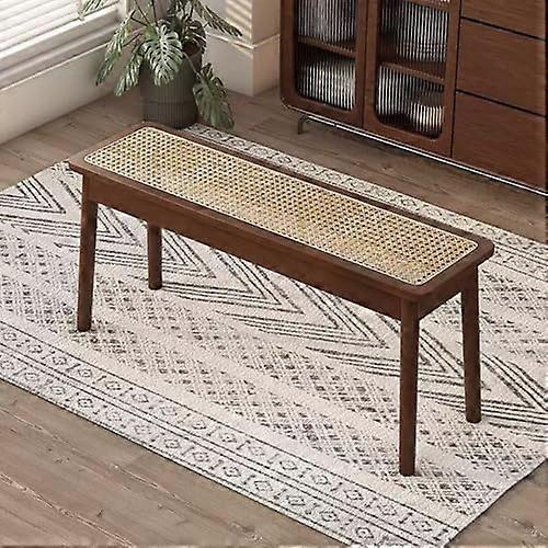 Woven Rattan Entryway Bench Farmhouse Solid Wood Dining Bench Seats 2 Rectangular End Of Bed 80x28x45 cm Walnut