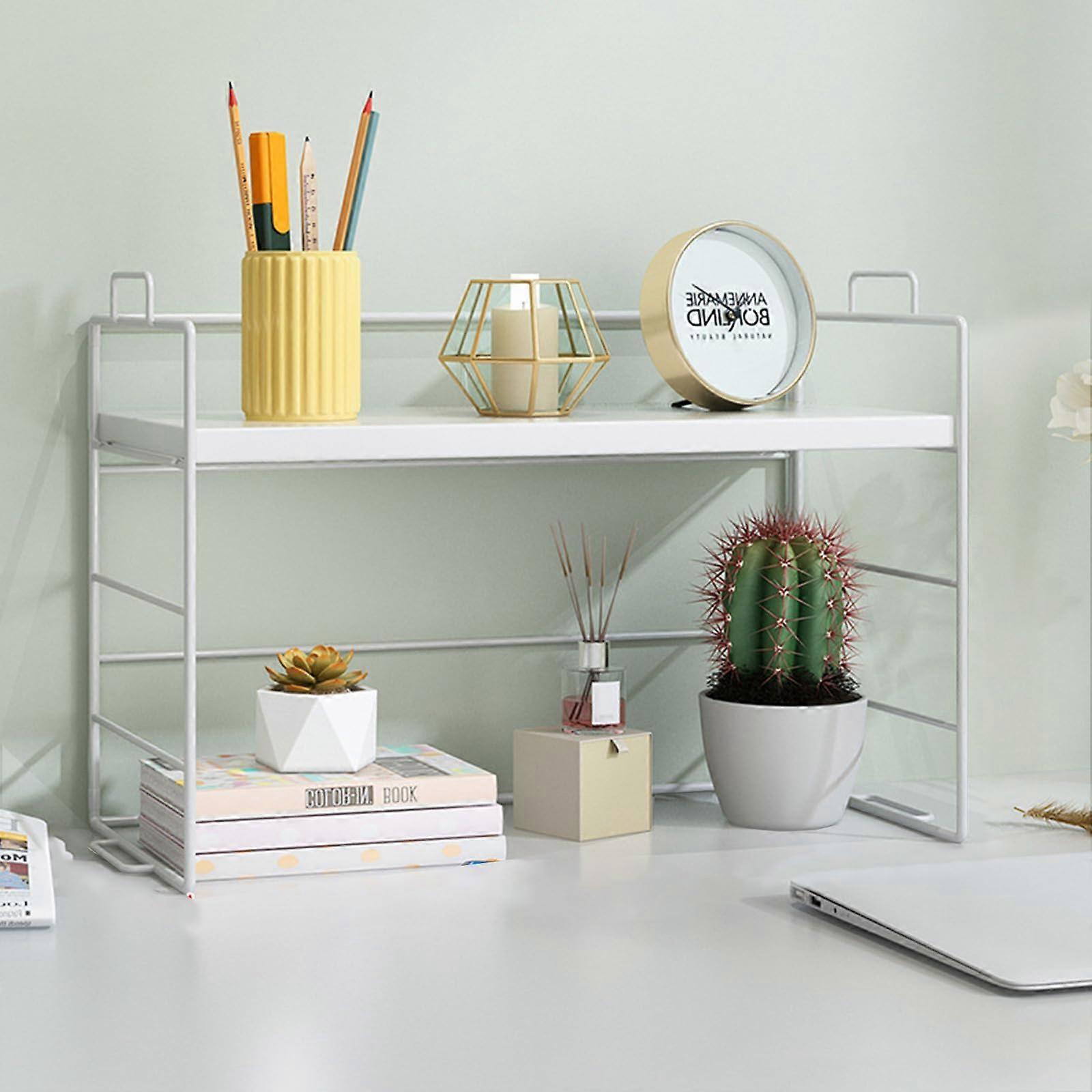 Adjustable Desktop Bookcase 2Tier White Desk Shelves, Storage for Books and Cosmetics, MultiFunctional Desk Organizer