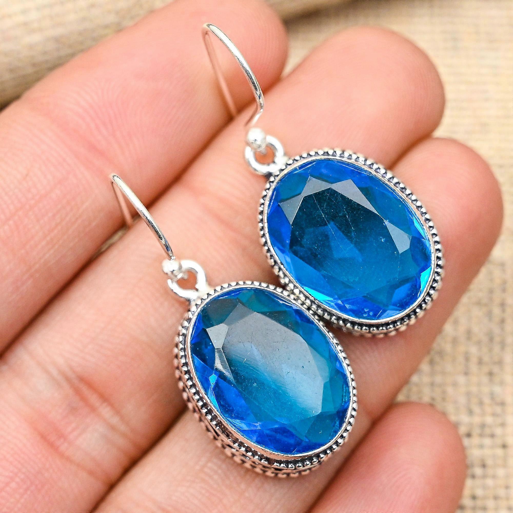 Glorious Blue Topaz Gemstone Handmade 925 Solid Sterling Silver Earrings For Wedding Gift