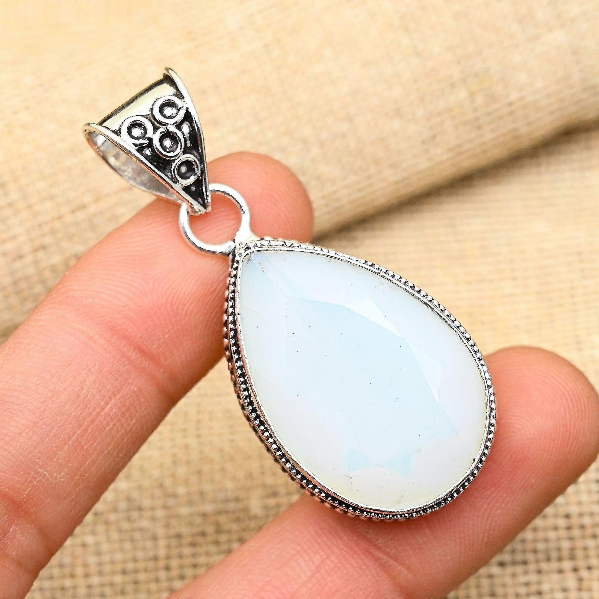 Ciondolo in argento sterling massiccio 925 con pietra preziosa opale lattea, fatto a mano, per donne