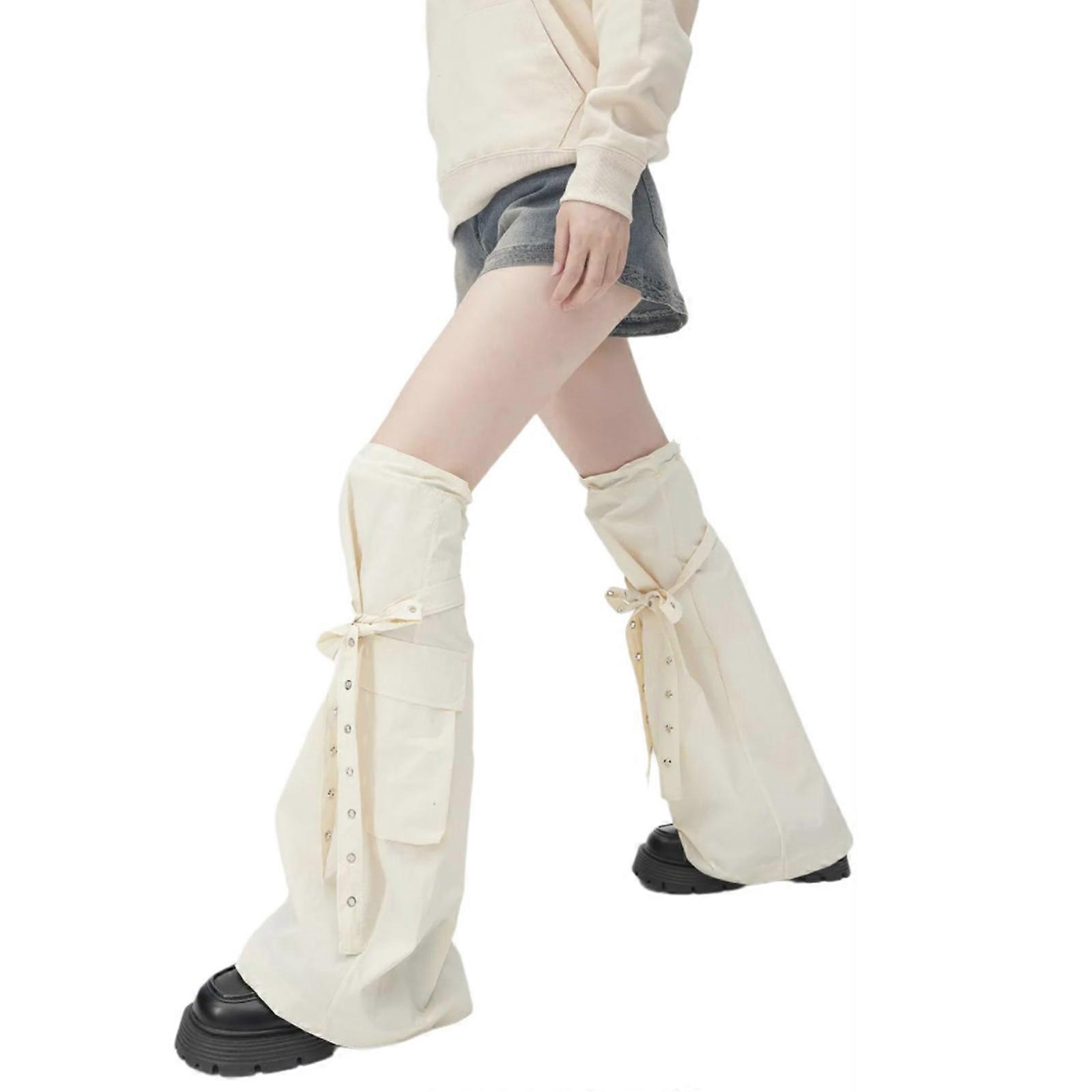 נשים הרג'וקו פאנק מחמם רגליים כיסוי מגף מעל הברך גרביים מתרחבות מטען שרוך שרוולי רגל עם רצועות לולאות Offwhite 1