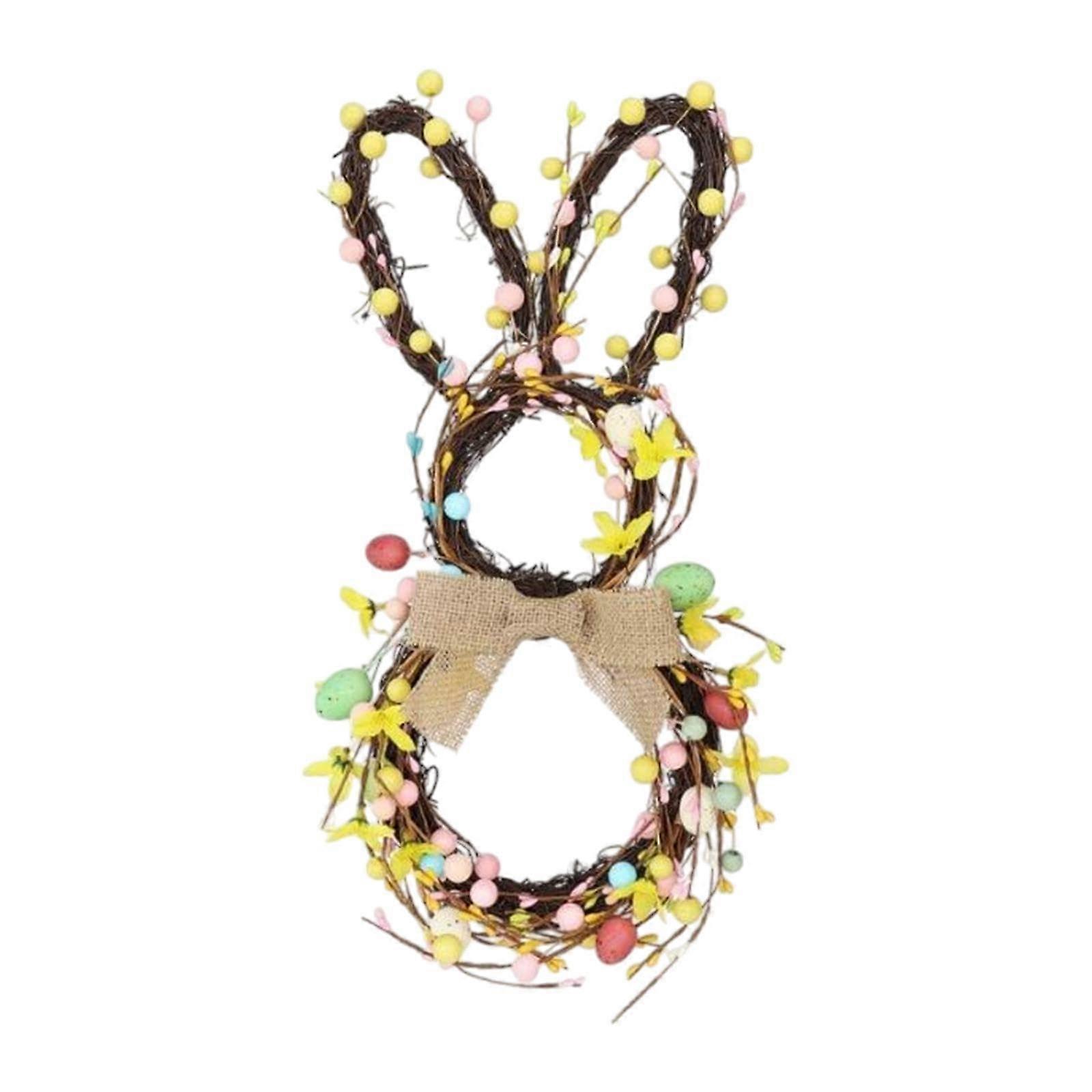 Easter Bunny Wreath with Bowknot and Garland for Front Door or Cafe Window Decoration with Eggs