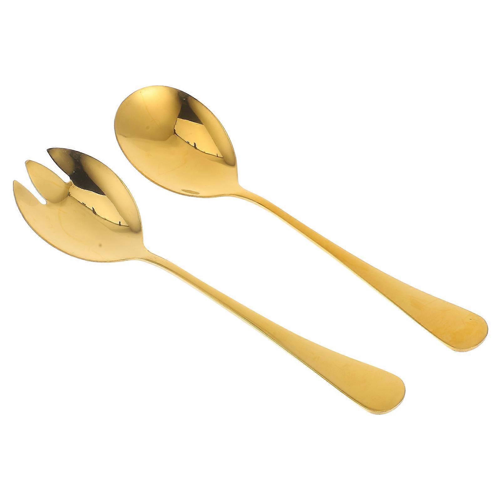 Stainless Steel Salad Tableware Salad Spoon and Fork Serving Set 1Set Golden