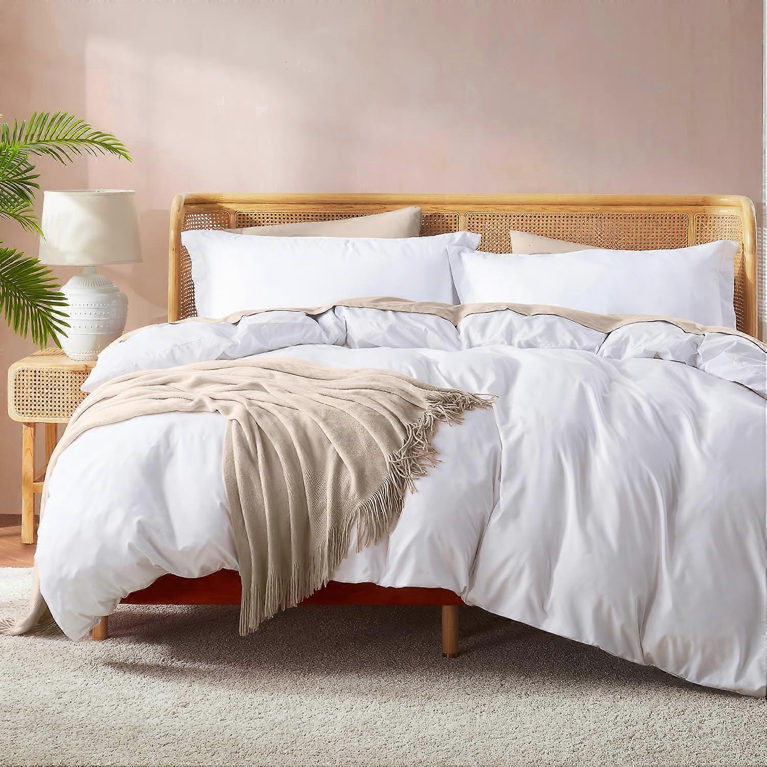 Queen Duvet Cover Set White Soft Microfiber 90x90 with Elegant Flange Shams and Button Closure