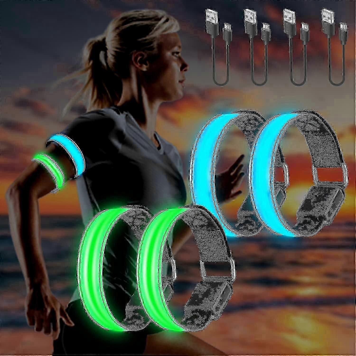 4 Pack USB Rechargeable LED Light Wristbands, Reflective Running Wristband