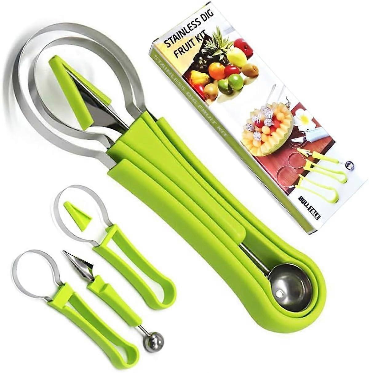 4 in 1 Stainless Steel Fruit Carving Tools Set with Watermelon Cutter and Melon Baller – Green