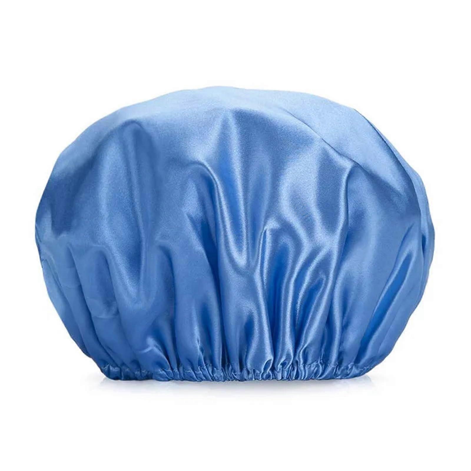 Waterproof Large Satin Shower Cap for Long Hair, Reusable Double Layer Bath Cap, Adjustable Blue