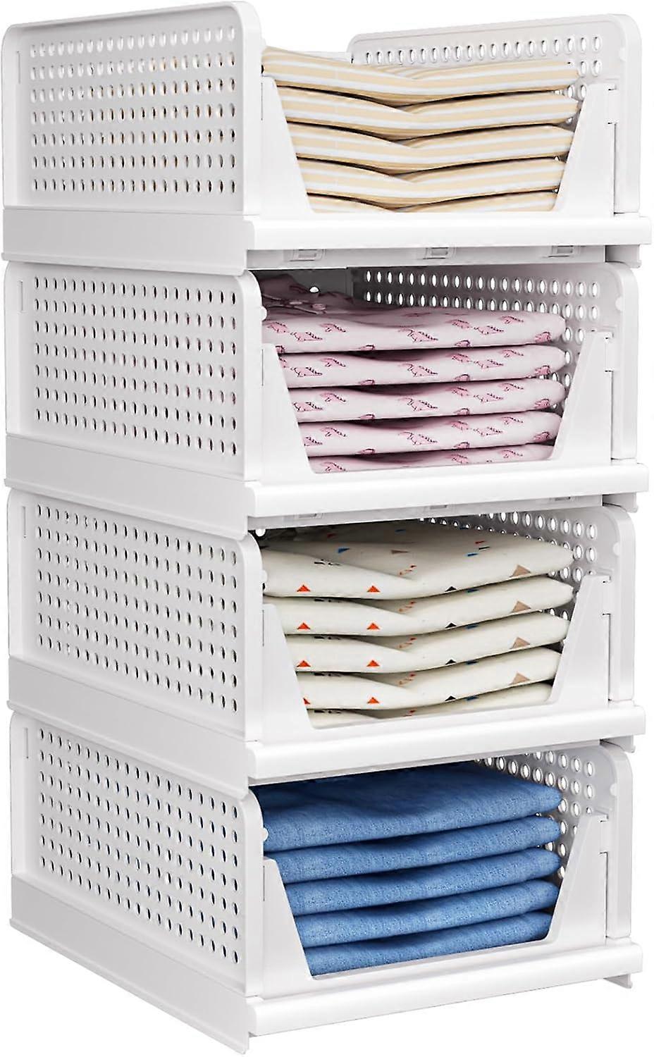 Foldable Closet Organizer, 4 Pack Stackable Storage Boxes, Plastic Storage Baskets, Drawers for Bedroom, Kitchen and Bathroom Organization, White
