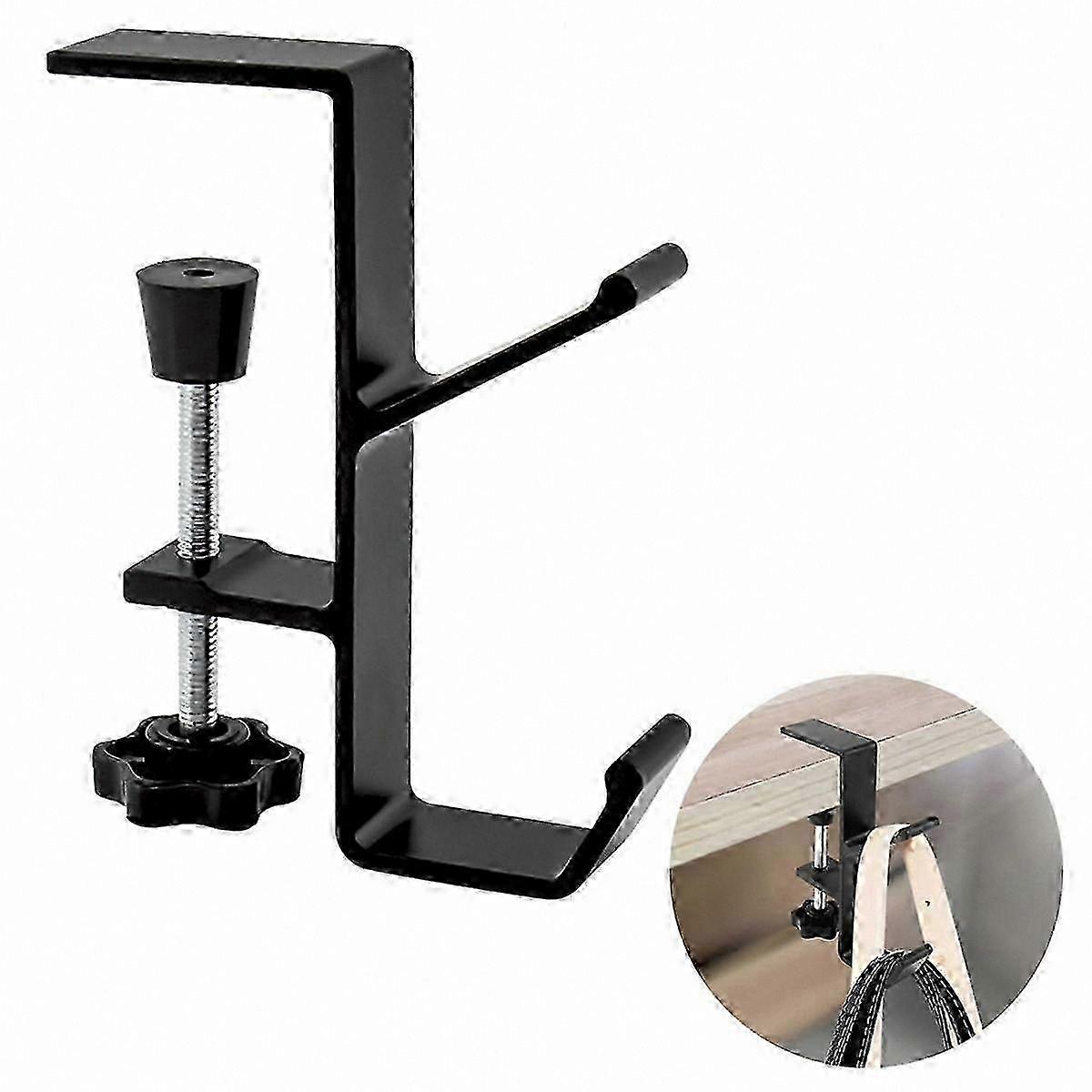 Black Clamp-On Desk Hook for Bag and Backpack Hanging, 2 Pack