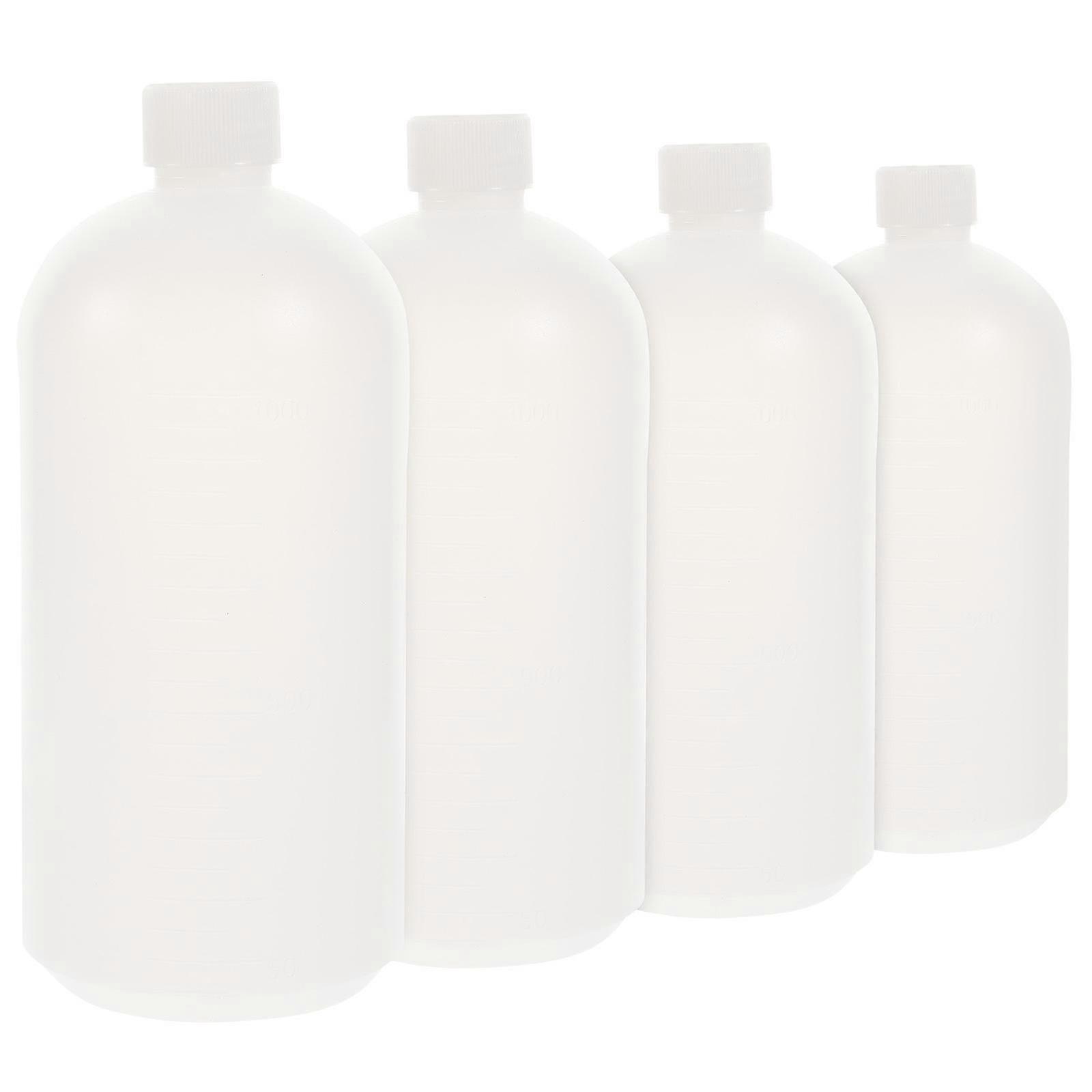 Lot de 4 flacons gradués en PE avec bouchons, 1000 ml, étanches, légers et réutilisables, pour le stockage de produits chimiques, en laboratoire et pour le stockage d'échantillons.