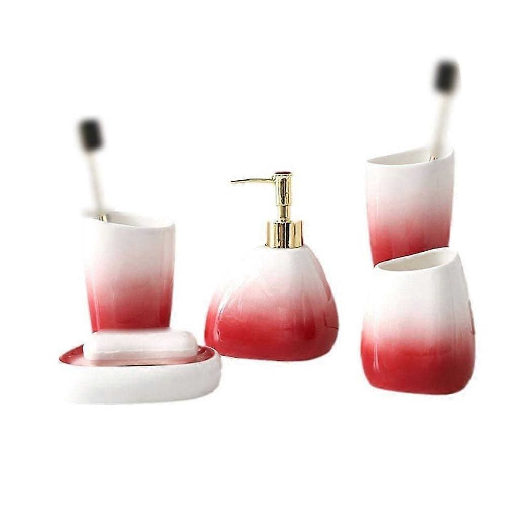 Gradient Ceramic Bathroom Accessories Set with Soap Dispenser, Cups and Organizer, Red 5Piece