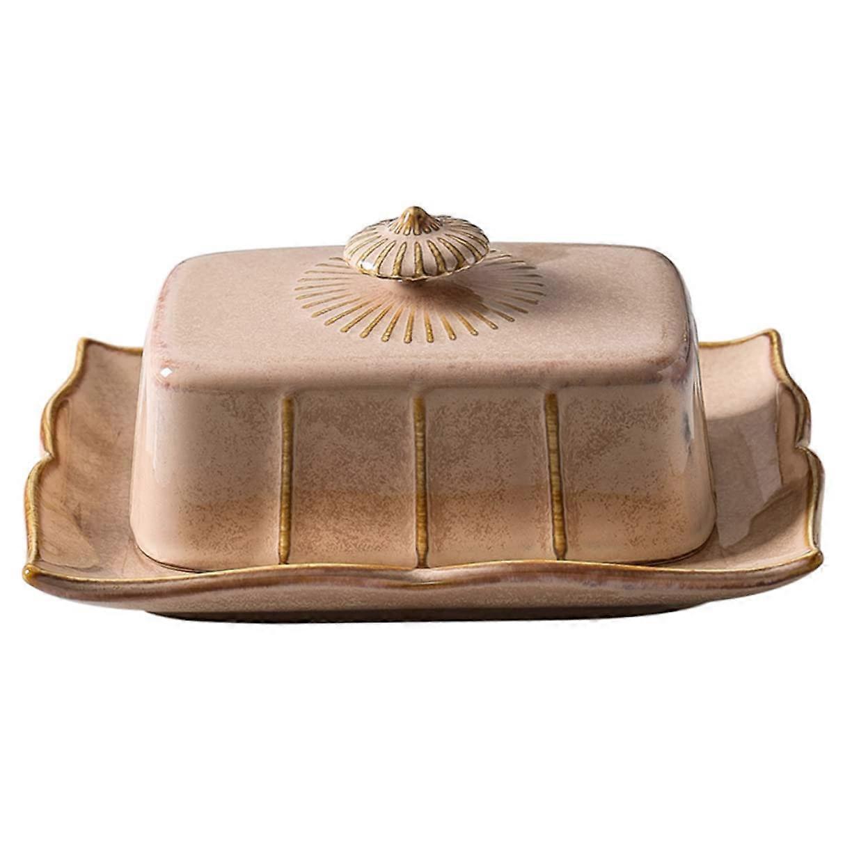 Vintage Ceramic Butter Dish with Lid, Rectangular Porcelain Keeper for Freshness, Khaki