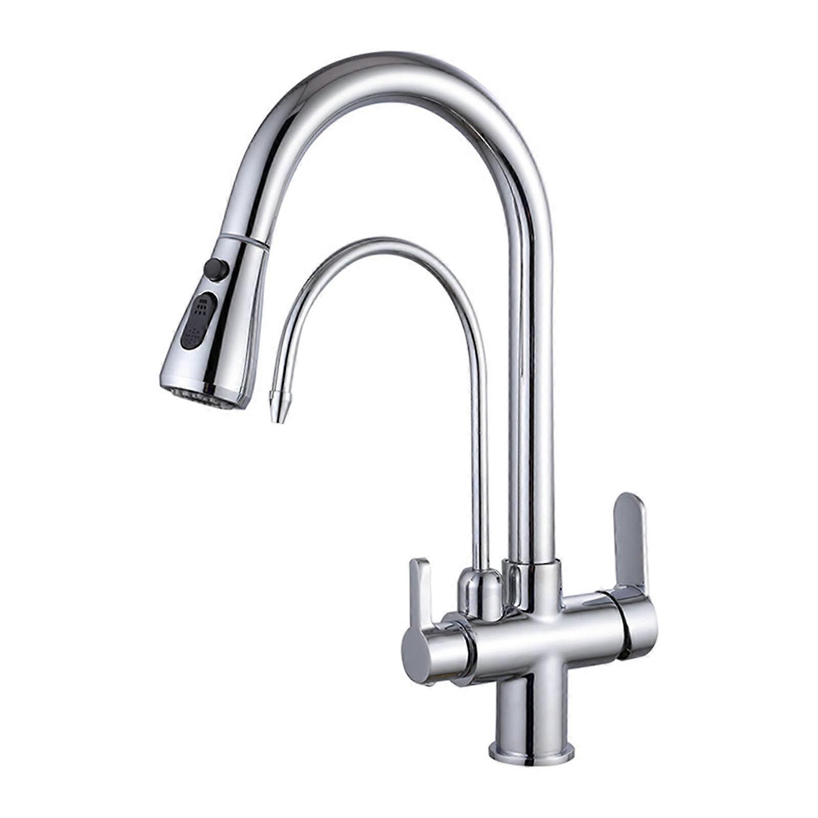 Solid Brass Dual Handle Kitchen Faucet with Pull Down Sprayer, 3 Way Drinking Water Tap, Chrome
