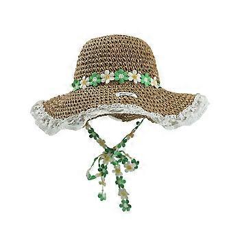 Straw Hat Wide Brim Embroidery Lace Splicing Beach Hat Embroidered Floral Adjustable Chin Strap Summer Sun Protection Hat KAESI