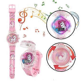 Kids Cartoon Watch Flashing Light Up Glow Digitale Muzikale Horloges Spinning Top Flip Cover Polshorloge Geschenken