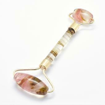Tigerskin Glass Brass Face Massager Facial Rollers Golden 142~150x54~58x19~22mm