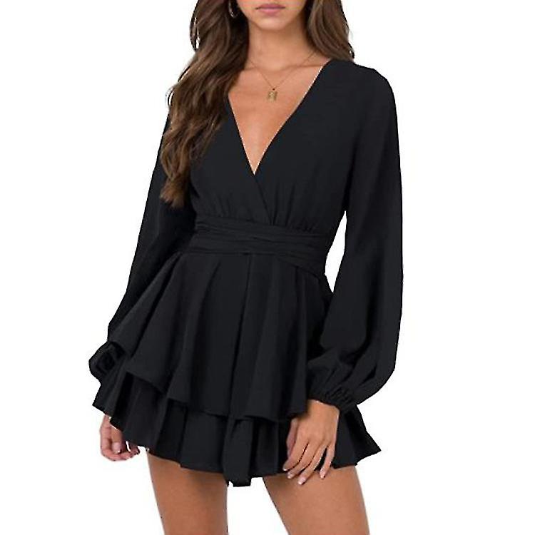 Robe portefeuille courte et fluide à col en V et manches longues bouffantes pour femme, taille nouée, ourlet à volants