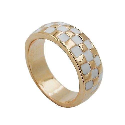 Ring 8mm Checkerboard Pattern White Enameled Gold Plated Ring Size 54