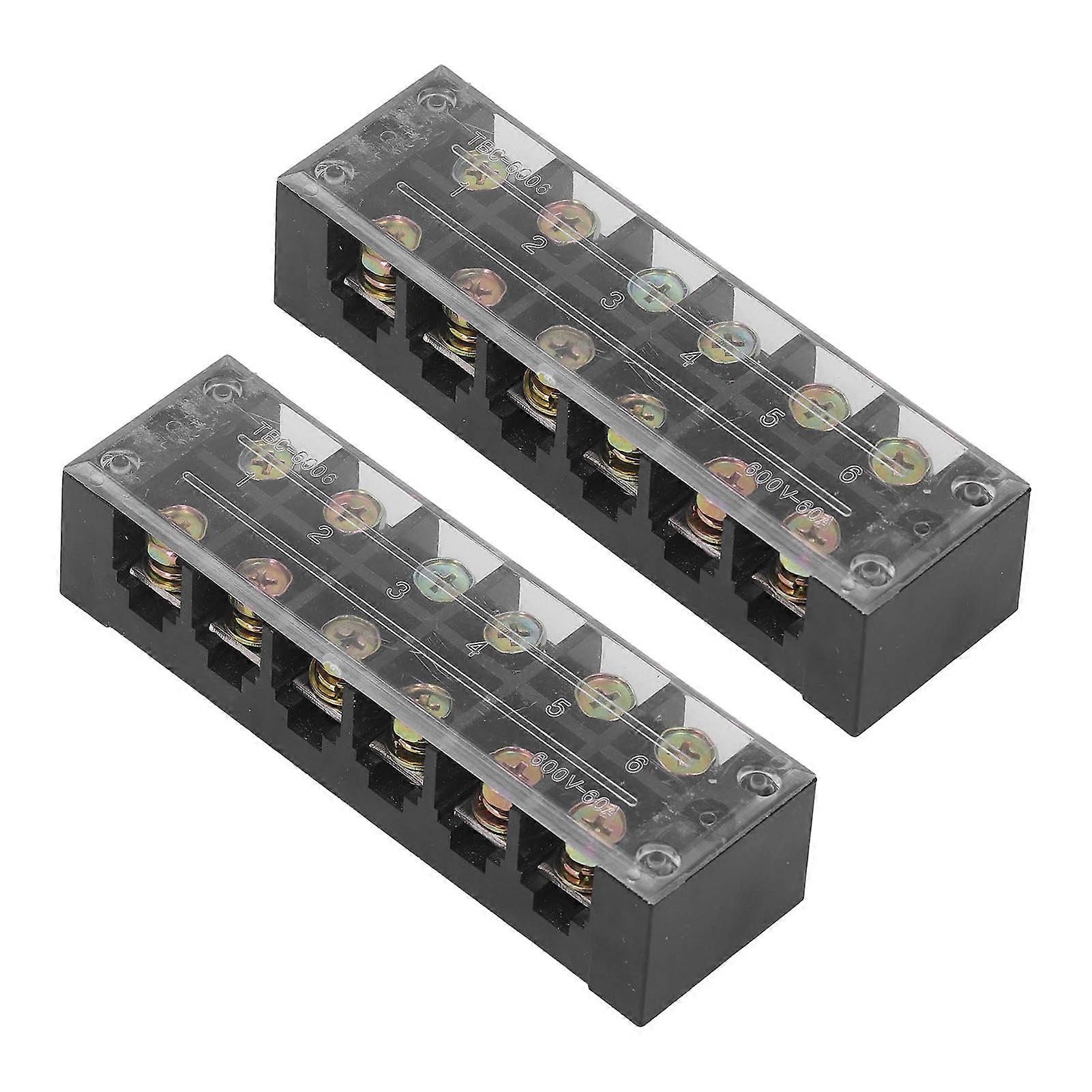 Terminal Strip Dual Row Screw Clamp Wire Terminal Block with Clear Cover for Bridge Lighting 60A 600V 2pcs 6 Position (606)