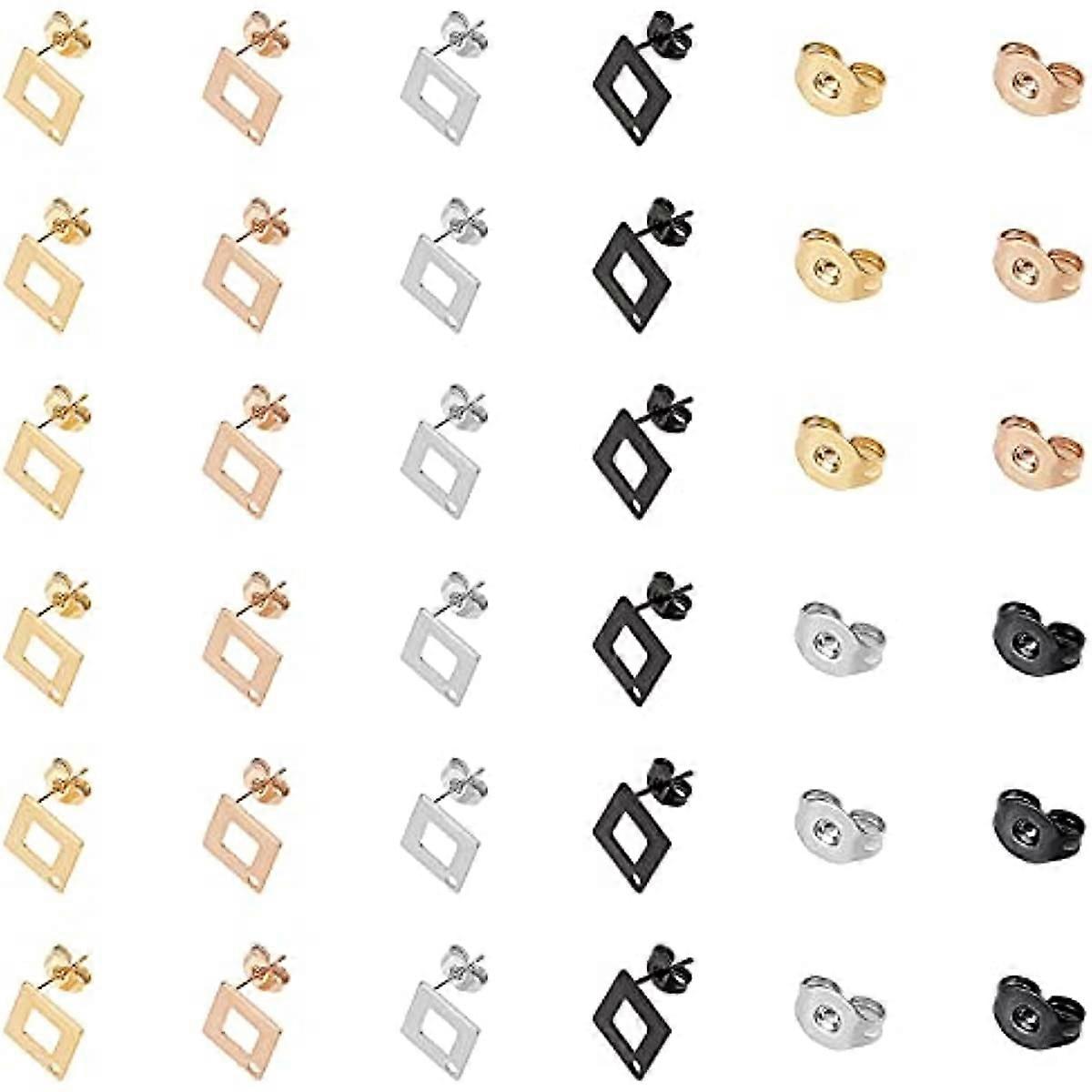 About 40pcs 4 Colors Rhombus Stud Earring Findings Stainless Steel Stud Earring with Earnuts and 1.2mm Loop Metal Ear Stud for Jewelry Making