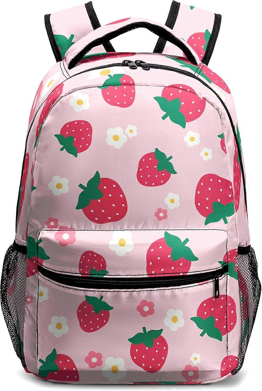 Strawberry Backpack for Girls Cute Flowers and Fruit Printed Pink Bookbag Lightweight Kids Schoolbag for Preschool Elementary Middle School Book Bag D