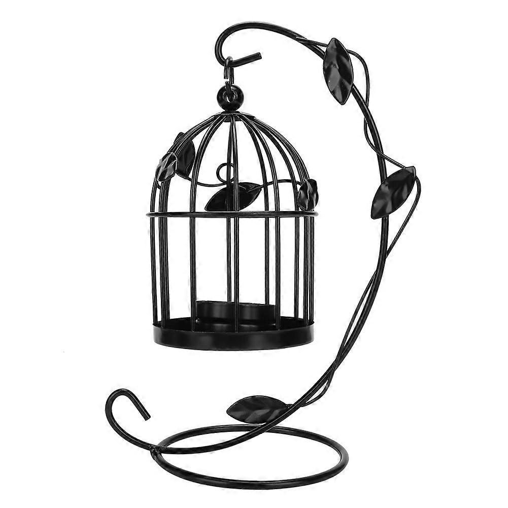 Retro Hollow Out Bird Cage Iron Hanging Candle Holder Candlestick Lantern Home Decor (Black)