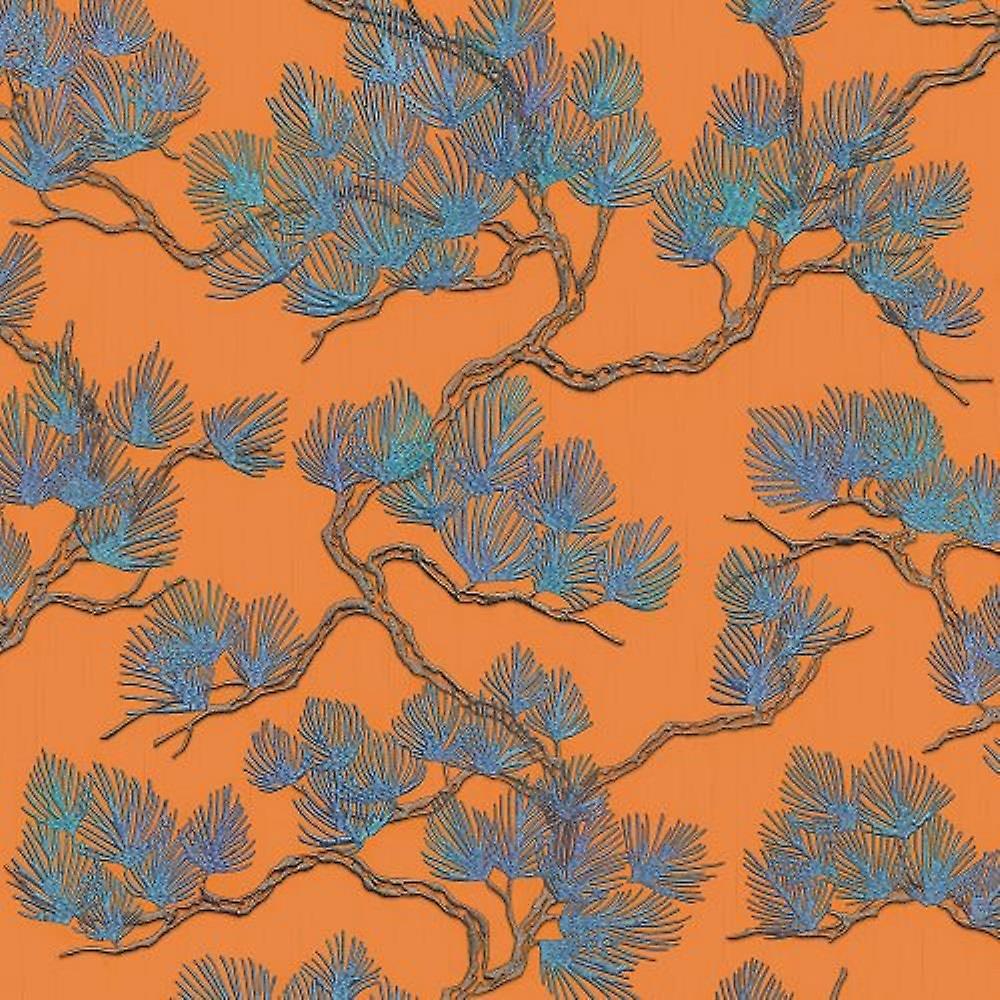 Fabric Pine Tree Orange Wallpaper