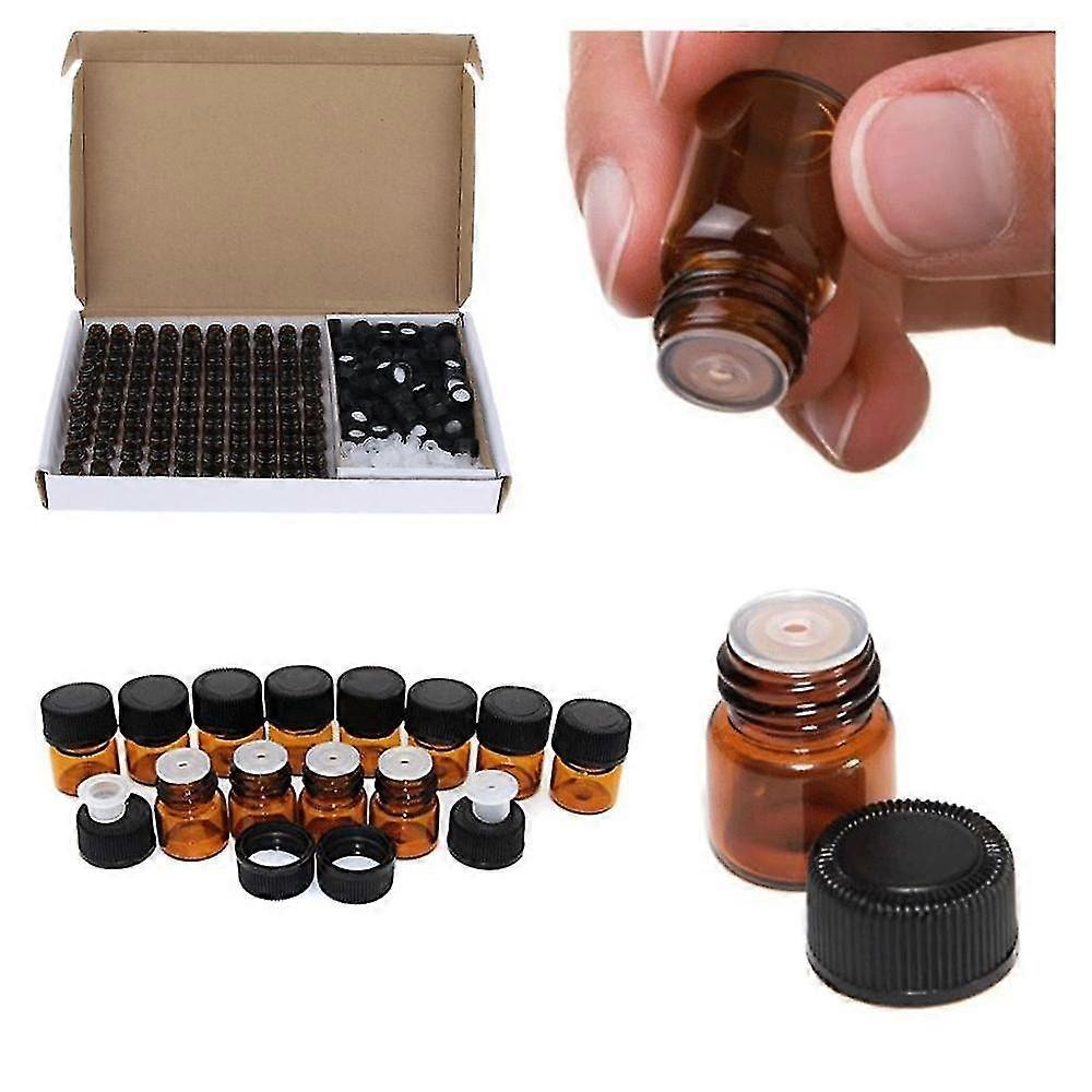 100pcs 1ml 2ml 3ml fiale di vetro ambrato, mini bottiglie di olio essenziale con orifizio riduttore e tappo di plastica nera